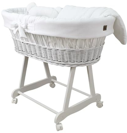Wiklinopol Couffin Bébé Amelia en Osier avec Support et Matelas – Berceau à roulettes en Blanc – Ensemble 4 Pièces de Linge en Mousseline Blanc – Portable et Idéal pour Nouveau-Né