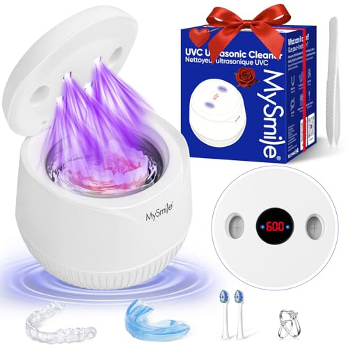 MySmile MS100 Ultraljudstvätt för Bettskenor med UV och Digital Timer | 45kHz, 4UV, 2 Lägen, 200ML, Bärbar, Tyst, för Bettskenor, Tandställning, Munskydd, Tandproteser, Vit