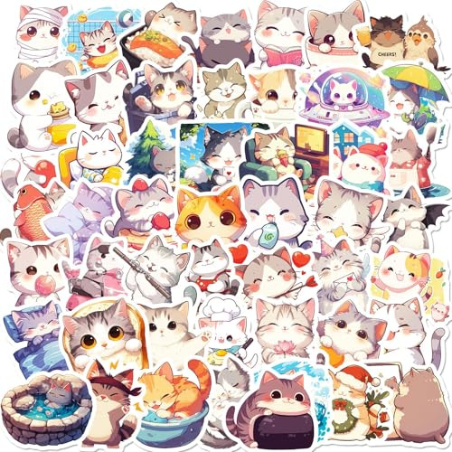 Lilalemon 50 adesivi a forma di gatto arcobaleno per adolescenti, ragazze, bambini e donne, in vinile estetico impermeabile per bottiglia d'acqua, laptop, telefono, skateboard
