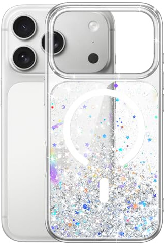 JETech Glitter Case for iPhone 17 Pro Max 6.9-Inch Compatible with MagSafe, Clear Cute Bling Sparkle for Women and Girls, Shiny Shockproof Magnetic Sparkly Phone Cover (Clear)