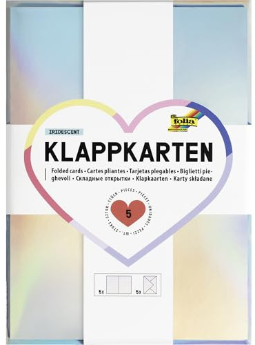 folia 150561 - Klappkarten IRIDESCENT, 5 Karten 10,5 x 14,8 cm und 5 Briefumschläge 11 x 15,5 cm in irisierend-schillernd, für Gruß- und Glückwunschkarten