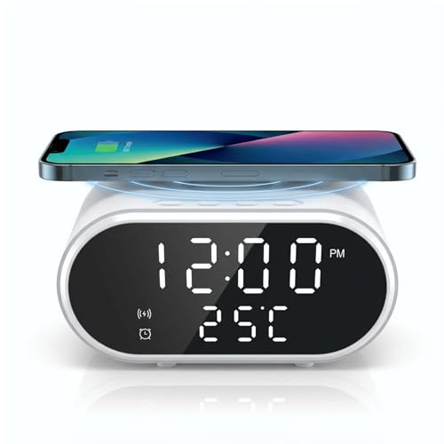 iN 2-in-1 Digital Alarm Clock with 15W Fast Wireless Charger | USB-C Power Cable | Qi-Certified Charging Station with LED Display, Phone Stand & Reliable Alarm Clocks Bedside for Bedroom,Office & Dorm