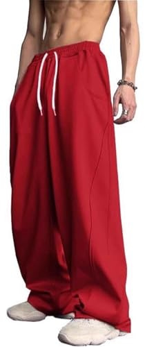 PADOLA Pantalon Jogging Baggy Homme Taille Elastique Cordon de Serrage Pantalons de Travail Uni Jambe Large Pantalon Cargo Aves Poches Décontracté Y2K Pantalons de Plein Air (2 Rouge, S)