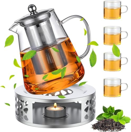 Teekanne mit Stövchen Set, 1300ml Teekanne aus Glas mit Edelstahl Siebeinsatz und 4 Teetassen aus Glas, Hitzebeständig Kaffeekannen Borosilikatglas Teebereiter für Losen Tee Früchtetee & Teebeutel