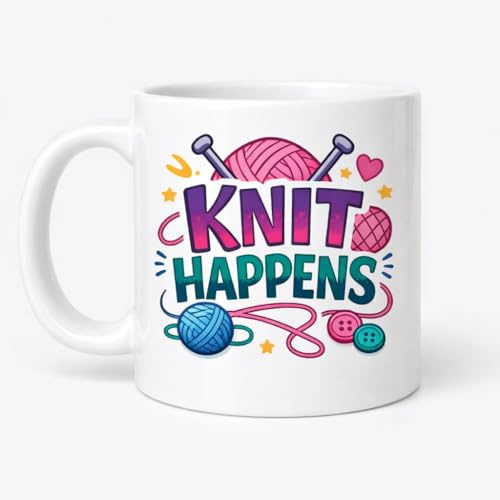 Brew Crew Gifts Knit Happens Funny Knitting Mug, White Ceramic, 11oz, Colourful Yarn Design, Microwave and Dishwasher Safe
