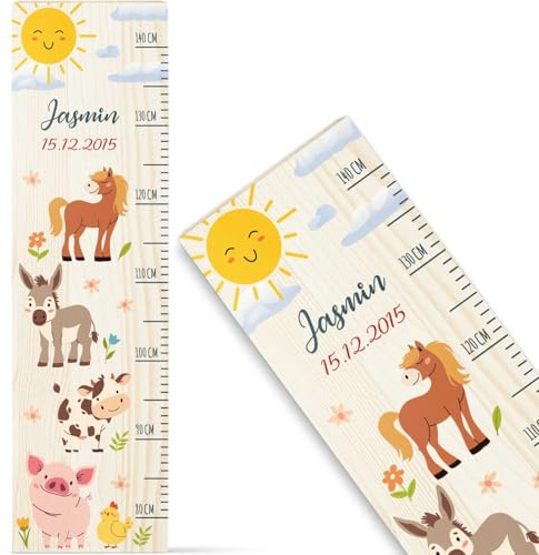 GRAVURZEILE Messlatte für Kinder aus Holz - Bauernhof - Personalisiert mit Namen für Kinderzimmer - Skala misst 80-140 cm - Größe 20 x 70 x 2 cm - Geschenk zur Geburt für Mädchen & Jungen