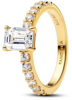 PANDORA Ring Rechteckiger Halo in 14 Karat Vergoldung mit Cubic Zirkonia, Damen Ring mit erhabenem Stein und Pavé Ringschiene, eleganter Statement Ring, Größe 54, 164506C01-54