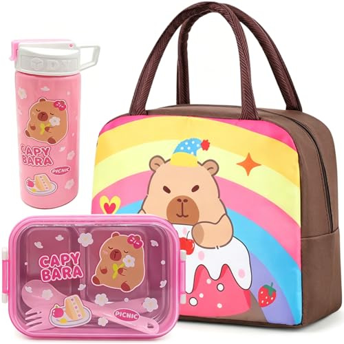 MIFKLMV Capybara Insulated Lunch Bag Set, Childrens Capybara Lunch Box Set, 800ml Bento Box and 500ml Leak Proof Water Bottle, for School Work Picnic Travel Beach, Gifts for Children-C