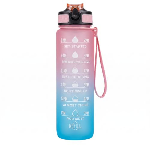 Borraccia Sport 1L Gradiente Motivante Bottiglia Acqua Con Marcature Orarie | Borracce 1000ml Coperchio Anti-perdita e Tracolla Trasportabile Leggera e Lavabile per Camminate e uso Quotidiano