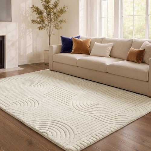 SONGMICS Alfombra con Diseño Geométrico 3D, Alfombra Salon 230 x 160 cm | Pelo Alto y Bajo, Base Antideslizante, Lavable a Máquina, para Salón y Dormitorio, Blanco, TAR134WZ02