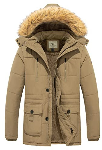 WenVen Homme Manteau Polaire Chaud d'hiver Veste de Rembourrage en Coton épaissi Parka matelassée Coupe-Vent Classique Veste à Capuche d'extérieur Kaki S
