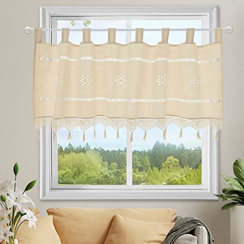 choicehot Häkeln Hohle Blumenmuster Bistrogardine, Beige Kurzgardine mit Quaste, Küche Kurzvorhang, Moderne Scheibengardine, Landhausstil, Baumwolle und Leinen (1 Stück,H45 x B150 cm)