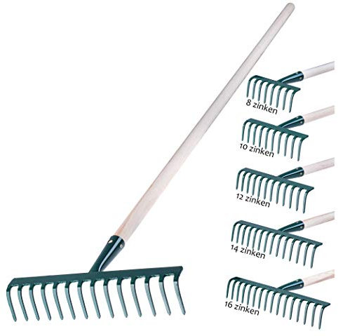 KADAX Rechen aus Metall, Flache Harke mit Stiel aus Holz, Laubbesen für Garten, Beet, Laubrechen, Rasenrechen, grün, Gartengerät, Heurechen, Gartenwerkzeug, Gartenharke (14 Zinken)