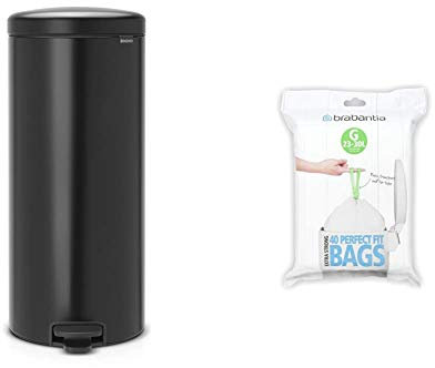 Brabantia Newicon Cubo De Basura Con Pedal, Acero Inoxidable, Negro Mate, 30 L + 375668 Expendedor Bolsas De Basura, Blanco, 23-30 L