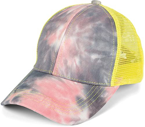 styleBREAKER Damen Ponytail Baseball Cap im Batik Look mit Mesh Einsatz, Basecap, Klettverschluss verstellbar 04023081, Farbe:Rose-Grau-Gelb