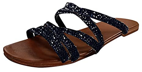Julhold Damen Sandalen Flache Sandalen Strandschuhe Lässige Flache Retro Kristall Hausschuhe Böhmische rutschfeste Wohnung(Schwarz,40)