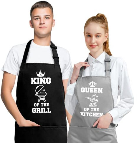 IDEAPRON Küchen Schürze für Paare, Lustige Kochschürzen für Hochzeitspaare, Jubiläum Hochzeit Engagement Brautduschen Geschenke für die Braut - King of The Grill & Queen of The Kitchen