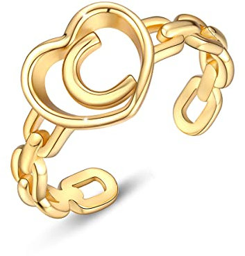 PEARLOVE Ring Damen 925 Sterling Silber Verstellbarer Initiale Ring Stapelbar 18K vergoldet A-Z Offener Buchstaben Gold Ringe