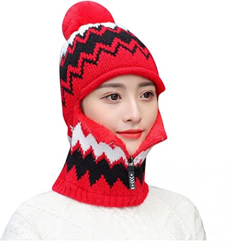 qudang Winter Mütze Schal Set Damen Wintermütze mit Bommel Reißverschluss Sturmhaube Unisex Strickmütze Dicke Fleecefutter 3 in 1 Warm Gefüttert für Outdoor-Wintersport, X - Rot, Einheitsgröße