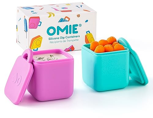 Omie Caja (paquete de 2) recipientes a prueba de fugas para llevar, recipiente para aderezos de ensalada, recipiente para condimentos con tapas, silicona apta para alimentos, 4 onzas (rosa/verde