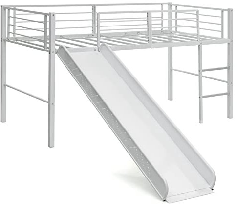 COSTWAY Lit Mezzanine Enfants, Lit Mezzanine 1 Personne avec Toboggan, Échelle et Structure en Acier, Pas Besoin de Sommier (Matelas Non Inclus), 198 x 96 x 109 cm (Blanc)