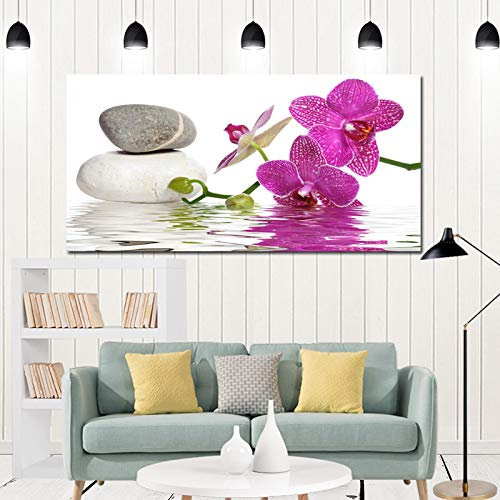 HOLEILUCK Moderne Lila Orchidee Zen Spa Stone Spa Religiöse Malerei auf Leinwand Poster und Drucke Wandkunst Bild für Wohnzimmer 50x75cm(20x30in) ungerahmt