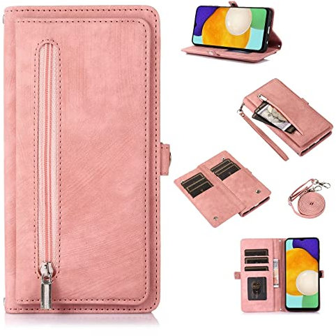 ESONG Schutzhülle für Xiaomi Redmi Note 11 4G/Note 11S,Premium Leder Handytasche Magnetic Klapphülle Case,Flip Brieftasche Stoßfeste Handyhülle mit 9 Kartenfächern,Stand Funktion,Schultergurt rosa