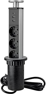 Emuca - Blocco multipresa a scomparsa ricarica veloce, 3 prese schuko EU, 2 porte USB A + 2 USB C, torretta multipresa per cucina o scrivania, Grigio Metallizzato, Plastica, Alluminio