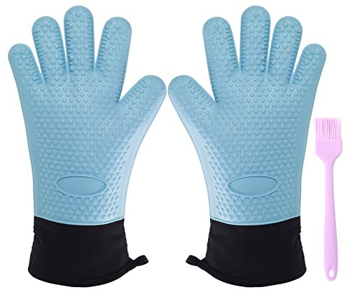 Ocves Silikon Ofenhandschuhe mit Fingern –Topfhandschuhe mit Silikon, Hitzebeständig bis 250°C, rutschfest & mit extra lang Arm – Waschbar, Grillhandschuhe für Backofen, Küche, Grillpartys, Blau