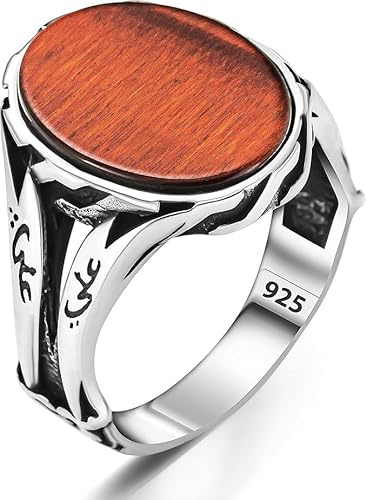 TAKILINGO Gestanzter Ring aus massivem 925er Sterlingsilber mit Schwertdesign Oval Rot Tigerauge Handgefertigt Arabisch Ya Ali Geschrieben Silberschmuck Geschenk für ihn