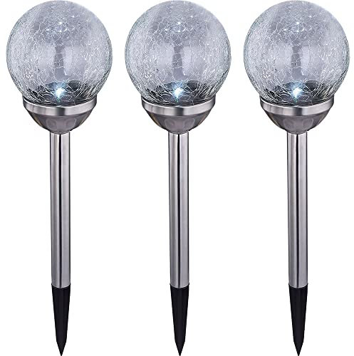 etc-shop Solar Kugel Steckleuchte Glaslampe Gartendeko Solarlampen Glaskugel Erdspieß, Crackle Design, LED, H 55 cm, Garten Balkon, 3er Set
