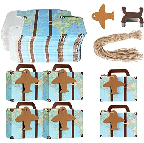 Geschenkboxen 50PCS kleine Kraft Papier Geschenkbox Hochzeit Schmuck Schachtel Gastgeschenke Süßigkeiten Schokolade Kartonagen Bonboniere Favour Boxen mit Schlagworten (Blau + Flugzeuge)