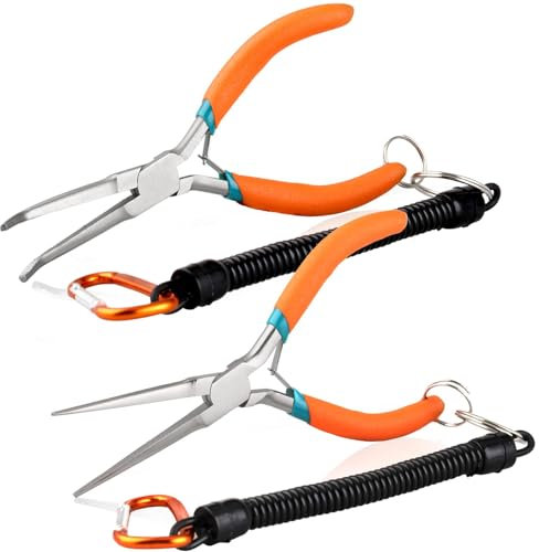 SPEEDWOX 2PCS Long Needle Nose Pliers With Curved Tips Curved Handle And Needle Nose Pliers With Straight Tips Needle Remover Pliers Fish Pliers Hook Remover Wire Looping Pliers With Anti-Loss Lanyard