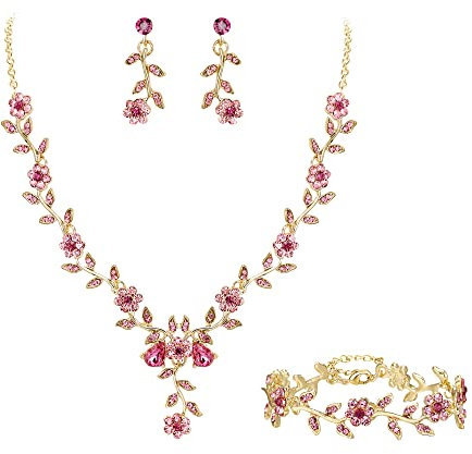 Clearine Women's Wedding Jewellery Set for Party Prom Leaf Cluster Flower Crystal Pendant Necklace Dangle Earrings Link Bracelet for Bridal Brides Bridesmaid Pink Gold-Tone