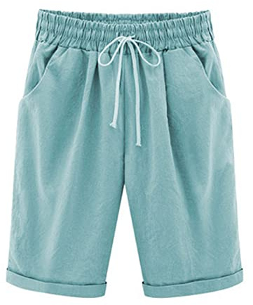 Womens Half Pants Plus Size Knee Length Cotton Linen Shorts with Pockets Summer Solid Beach Vacation Shorts Ladies Straight Leg Trousers Drawstring Elastic Waist Bermuda Shorts Casual Work Shorts