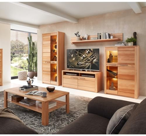 Wohnzimmermöbel Wohnzimmer Set Vitrine Standvitrine Wandboard TV Lowboard Couchtisch, Beleuchtung, Front Kernbuche massiv