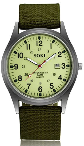 JewelryWe Uhren Herren Nylon Militär: 12/24H Datum Kalender Analog Quarz Armbanduhr Männer Feld Taktische Uhr Militäruhr mit Armeegrün Verlängertem Nylon Textil Armband und Leuchtzeiger