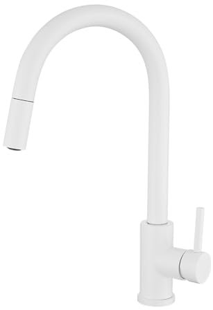VALAZ Robinet Cuisine Amovible | Mitigeur Cuisine Haute Pression, Rotatif à 360°, Pas de Fuites, Installation Facile et Rapide | Laiton, Acier Inoxydable, Col Cygne, Blanc, Série Parana