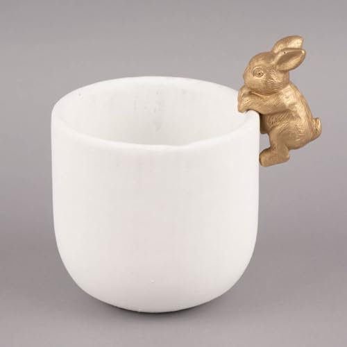 SCHÖNER LEBEN. Übertopf mit Hase Zement weiß goldfarbig 14x19cm