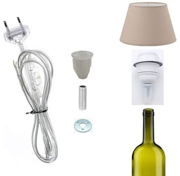 Prometeo Electronics Beleuchtungsset Flasche Kabel 1,5 m transparent + Lampenfassung weiß für Lampenschirm komplett mit Befestigungszubehör (1 Stück)