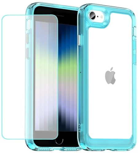 Wanyuexes Case for iPhone 7/8/iPhone SE 2020/iPhone SE 2022/SE 3 2022 Case with Tempered Glass Screen Protector, Clear Hard PC Back & Soft TPU Bumper Protective Phone Cover for iPhone 8 Crystal Blue