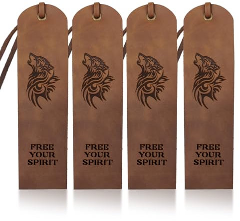 MAYJOYDIY 4 Stück Wolf Totem Leder Lesezeichen Wald Wildes Tier Leder Seitenmarker 5×18cm „Free Your Spirit“ Text Handgefertigtes Vintage Lesezeichen Zum Lesen Bücherwürmer Schriftsteller Geschenke