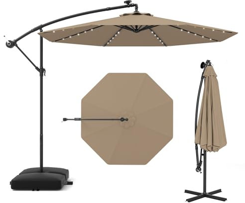 COSTWAY 3M Cantilever Garden Parasol, Hanging Offset Umbrella with 40 LED Lights, Solar Panel Batteries & Sand Bag, Outdoor Water-proof Canopy Sunshade Shelter for Patio Balcony (Coffee)