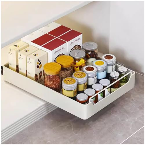 Pull Out Cabinet Organiser, Slide Out Drawer Storage Shelves for Kitchen Cupboard, Roll-Out Sliding Drawer Storage Tray, No Need Drill and Nailing (35CM)