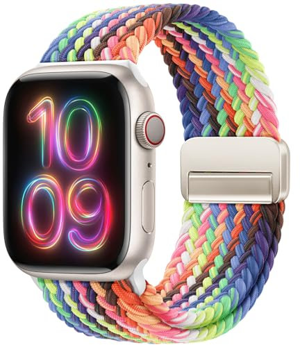 OMECKY Magnetic Braided Loop Band Compatible with Apple Watch Series 11 10 42mm 9 8 7 6 5 4 40mm 41mm for Women Men, Stretchy Nylon Elastic Sport Strap for iWatch SE 1/2/3, New Pride