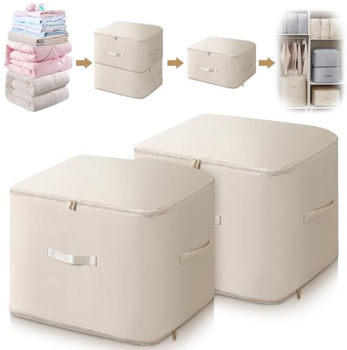 FIVAVA Platzsparender Komprimierender Organizer,Aufbewahrung für Bettdecken,Kleidung Aufbewahrung,Groß Aufbewahrungstasche(Beige,2 Stück XL)