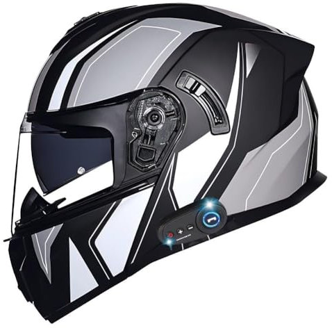 Bluetooth Motorradhelm, Motocross Helm Klapphelm Integrierter Bluetooth-Helm Vollvisierhelm Fahrrad Helm mit Anti-Fog-Doppelscheib Rennrad Helm Eingebautem Mikrofon for Damen und Herren(5,XL 59~60CM)