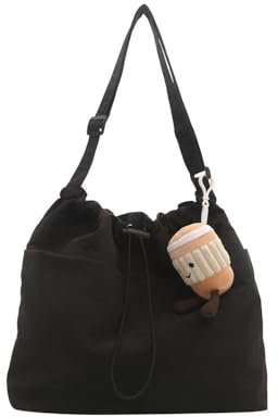 BFDSGWQ Ultraleichte, lässige Messenger-Tasche mit großem Fassungsvermögen und Anhänger, Lässige Hobo-Umhängetasche mit Kordelzug (Black,One Size)