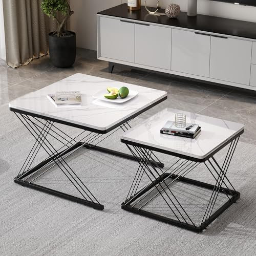 BTM Lot de 2 Tables Basses Carrées Modernes avec Motif Marbre, Table Basse Gigogne avec Pieds de Table Réglables en Hauteur, Table d'Appoint, Cadre en Métal, 60x60x45cm et 45x45x40cm, Blanc et Noir