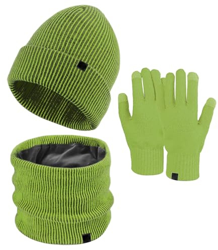 YCBMINGCAN Mütze Schal Handschuh Sets Für Damen 3 In 1 Set Gefütterte Strickmütze Mit Bommel Winterschal Touchscreen Handschuhe Mit Schal Und Winterhandschuhen Mützen Set Damen Winterset 3 Teilig